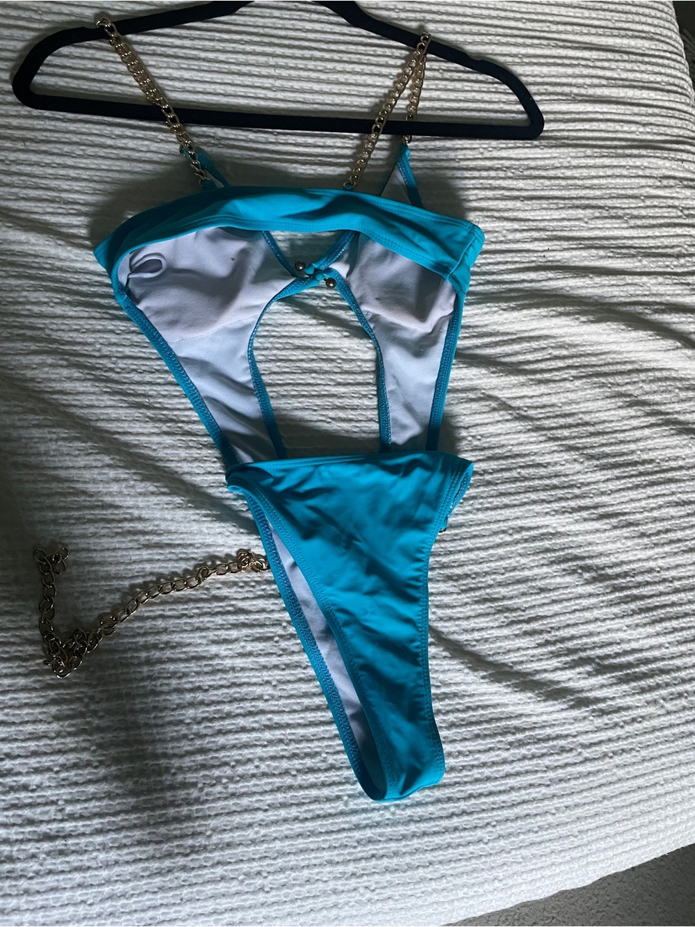 Gold-Chain Strap Turquoise Cutout One-Piece Swimsuit - Picture 2 of 3